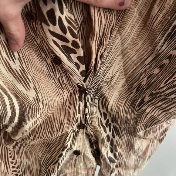 Vtg Zoe D. Animal Print 100% Linen Button Front Blouse Large Brown Classic Work - Picture 3 of 5